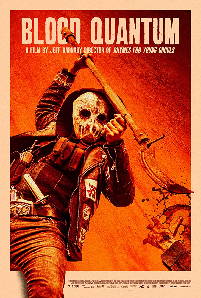 The film poster showing a masked and armed figure swinging a bloody scythe.