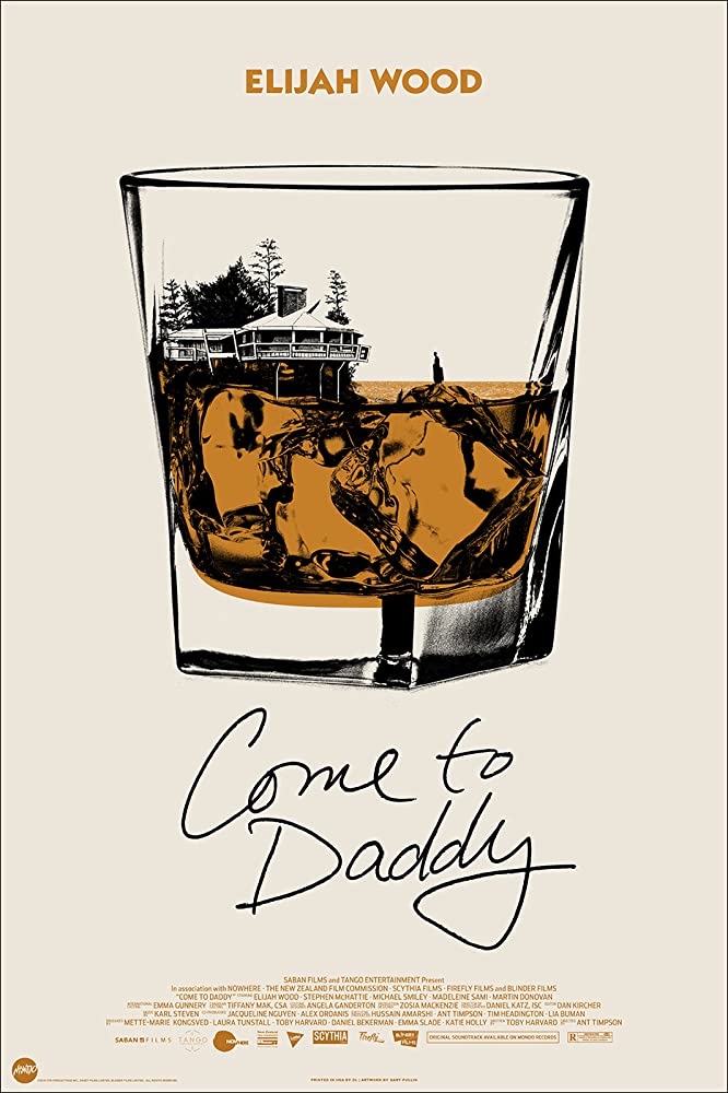 The film poster showing the drawing of a glass of whiskey with two ice cubes. the top of the ice cubes are the cliffs in a lake with a house overlooking it. 