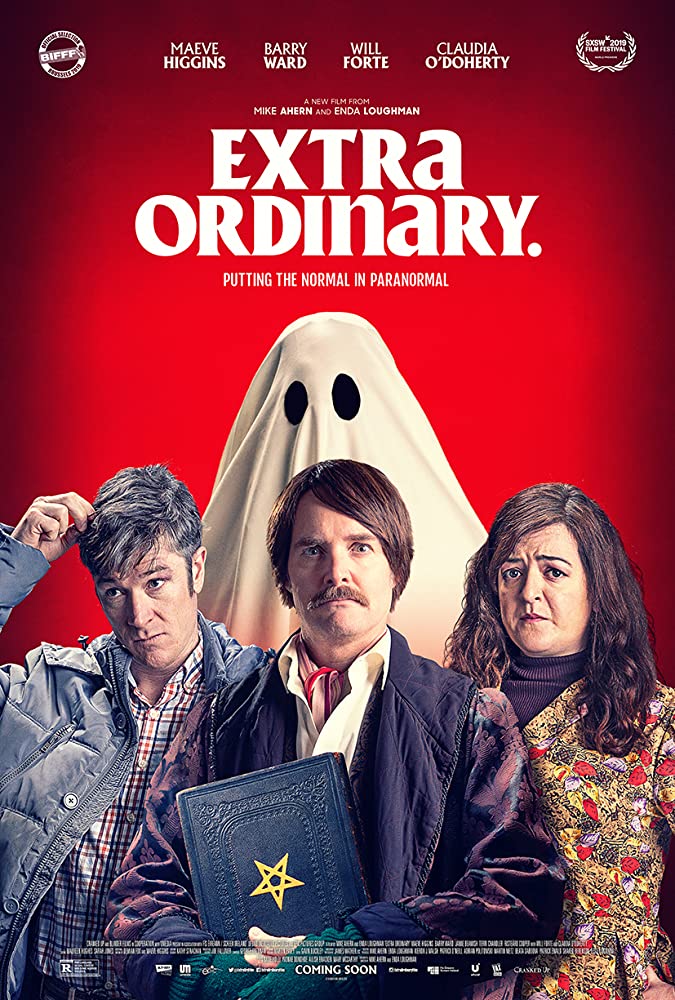 the film poster showing Martin (Barry Ward), Christian (Will Forte) and Rose (Maeve Hggins) standing in front of a ghost that looks like a blanket with eyes.