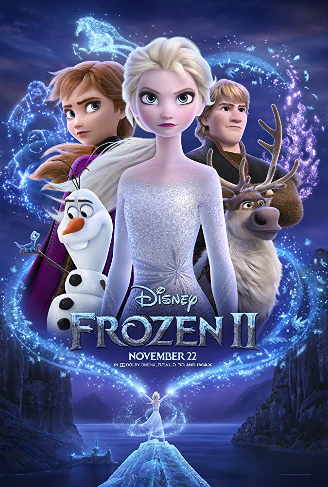 The film poster showing the main characters and smaller Elsa doing some ice magic.
