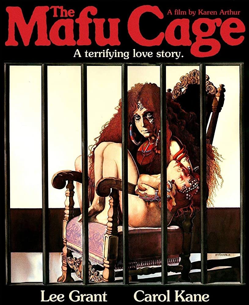 The film poster showing a drawing of Cissy (Carol Kane) sitting naked on a chait inside a cage.