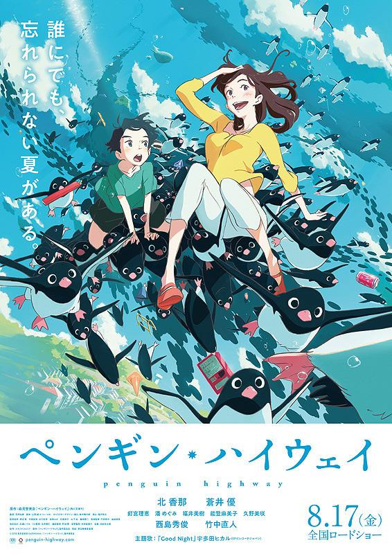 The film poster showing Onê-san and Aoyama-kun flying on the backs of many, many penguins.