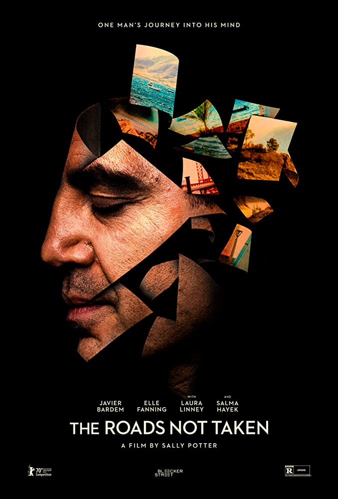 The film poster showing Leo's (Javier Bardem) head dissolving into photos. 