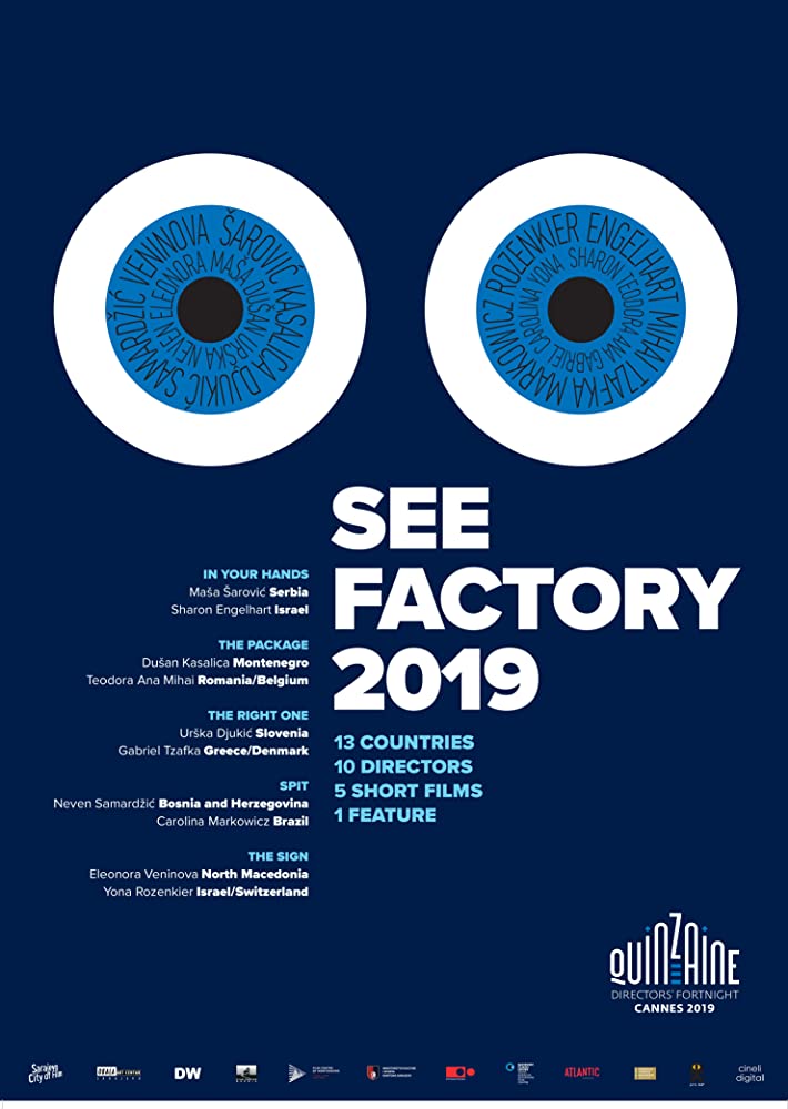 The film poster showing cartoonish eyes on a blue background. The directors' names are written in the irises.