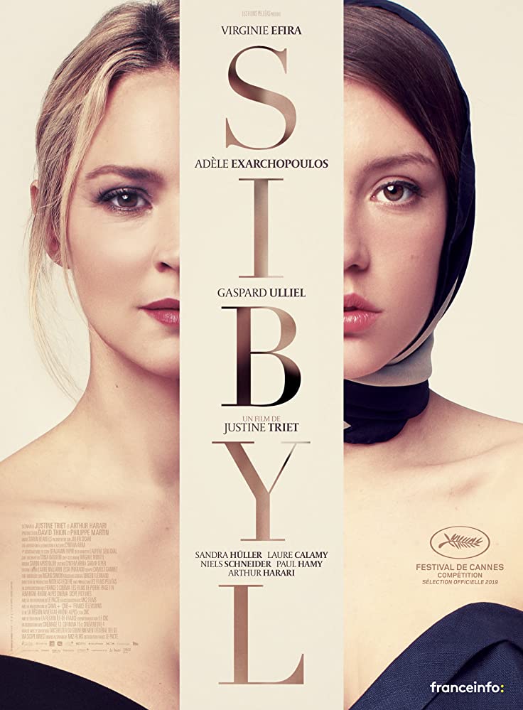 The film poster showing half of Sibyl's (Virginie Efira) and half of Margot's (Adèle Exarchopoulos) face.