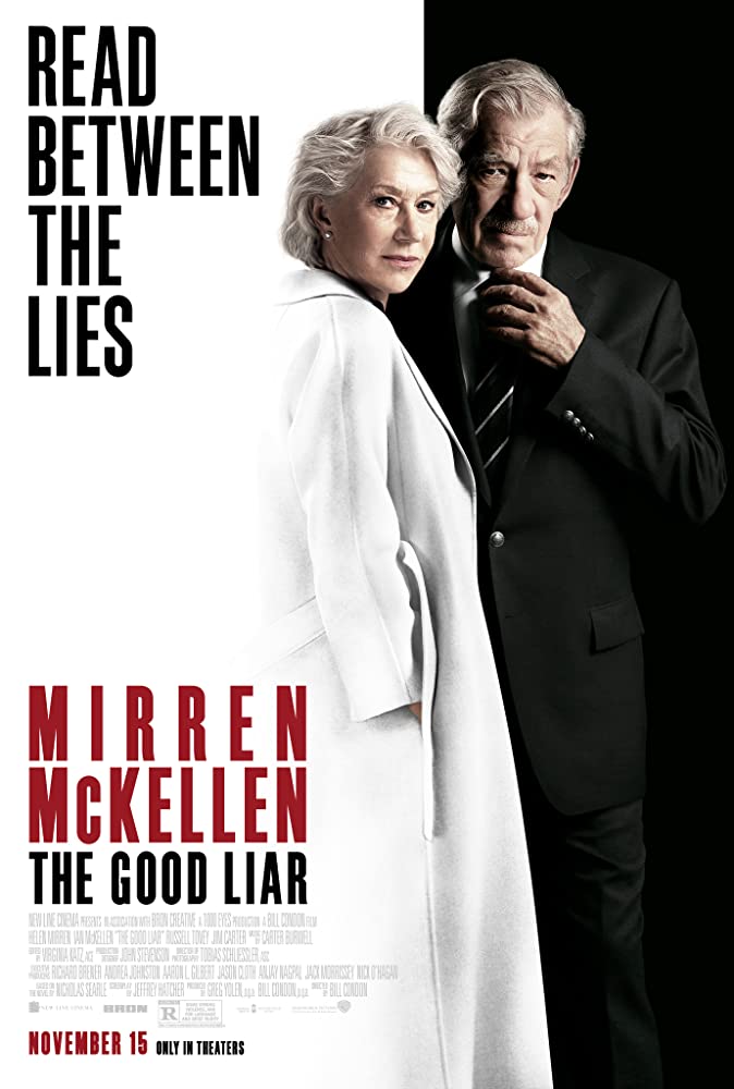 The film poster showing Betty (Helen Mirren) and Roy (Ian McKellen). She is wearing a white coat in front of a white background, he is wearing a black suite in front of a black background.