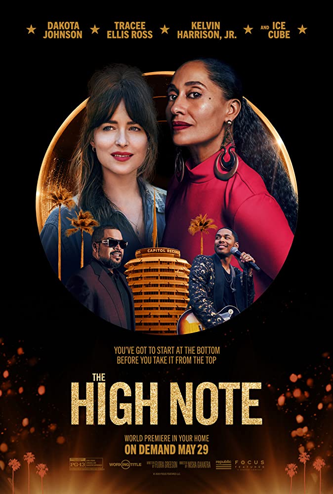The film poster showing Maggie (Dakota Johnson), Grace (Tracee Ellis Ross), Jack (Ice Cube) and David (Kelvin Harrison Jr.) with palm trees and a big apartment building or hotel.