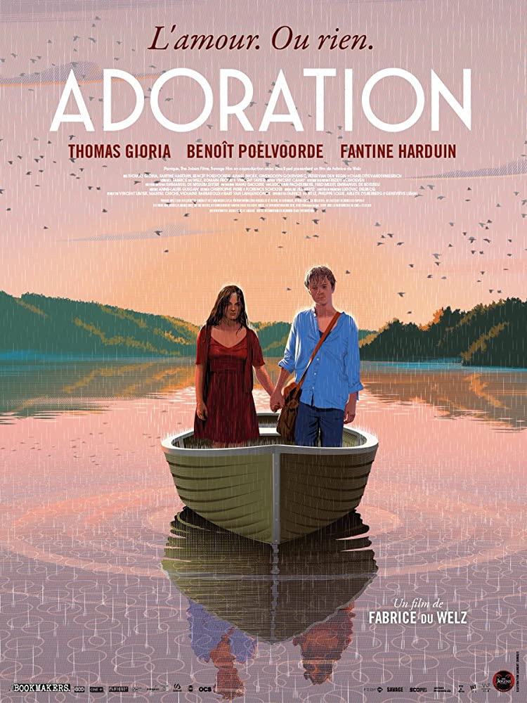 The film poster showing a digital painting of Paul (Thomas Gioria) and Gloria (Fantine Harduin) standing in a boat, holding hands.