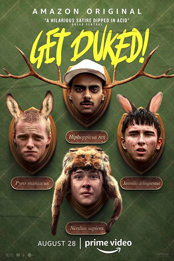 The film poster showing the heads of DJ Beatroot (Viraj Juneja), Dean (Rian Gordon), Ian (Samuel Bottomley) and Duncan (Lewis Gribben) mounted on a wall like hunting trophies. 