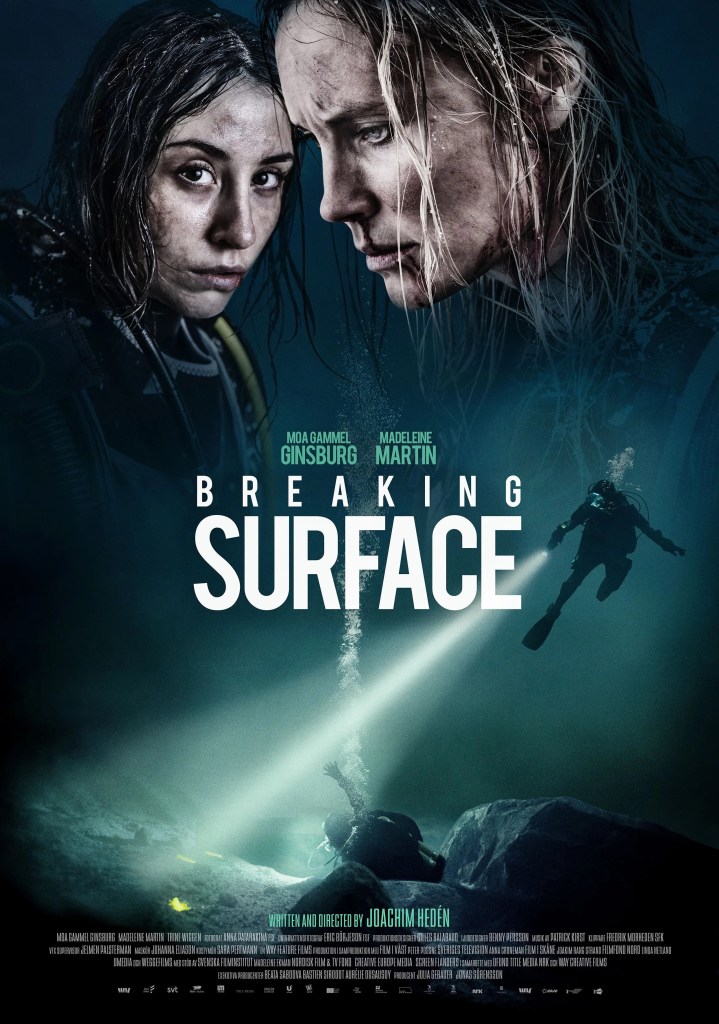 The film poster showing close-ups of Tuva (Madeleine Martin) and Ida (Moa Gammel) as well as the two in diving suits underwater.