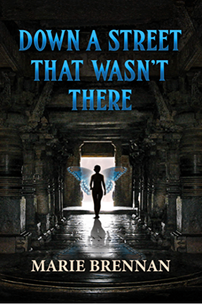 The book cover showing a human figure with butterfly wings walking down a stone corridor. 