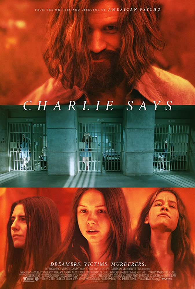 The film poster showing Charles Manson (Matt Smith), three prison cells and Susan 'Sadie' Atkins (Marianne Rendón), Leslie 'Lulu' Van Houten (Hannah Murray) and Patricia 'Katie' Krenwinkel (Sosie Bacon).