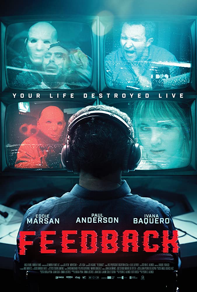 The film poster showing Jarvis (Eddie Marsan) from behind. He is wearing headphones and watching four screens with masked men, a woman and himself screaming. 