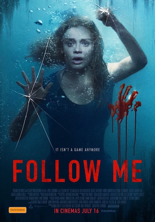 The film poster showing Erin (Holland Roden) in a water tank filled with water banging against the glass. There's a bloody handprint.