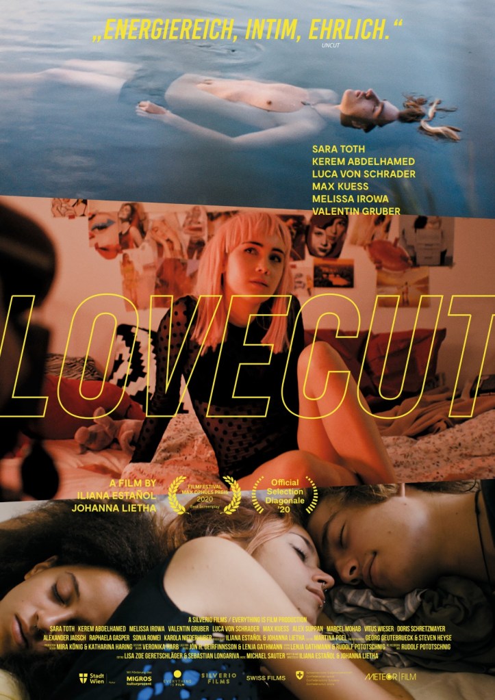 The film poster with three film stills: Ben (Max Kuess) floating in the danube; Anna (Sara Toth) posing for the camera; and Luka (Lou von Schrader) and Ben looking at each other while lying next to sleeping Momo (Melissa Irowa).