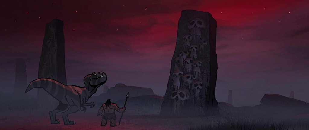 Spear and the T-Rex looking at an obelisk with skulls. 