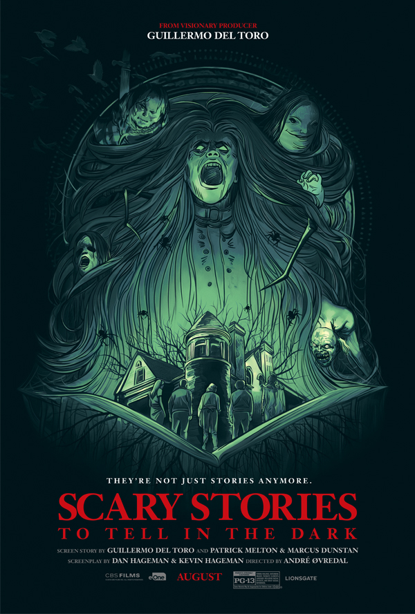 the film poster showing the drawing of a long-haired ghoul with various figures behind it. Below it is a house with four kids in front of it. The house and the kids are standing in an opened book. 