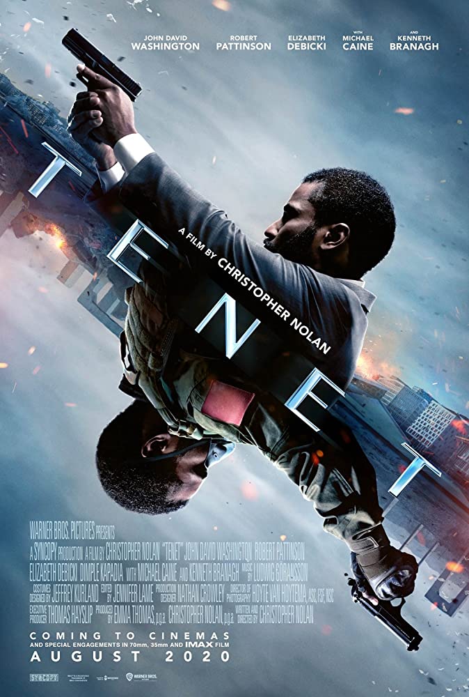 The film poster showing the Protagonist (John David Washington) twice, mirrored along a diagonal line, once facing forward, once backward, once wearing a suit, once a uniform. Both times he is aiming a gun. 