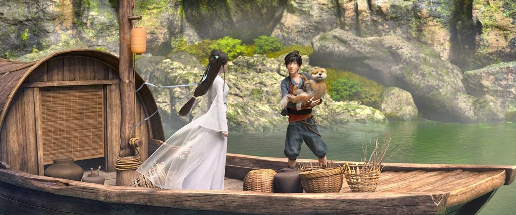 Xiao Bai (Zhe Zhang) with A Xuan (Tianxiang Yang) and his dog Dudou (He Zhang) on his boat. 