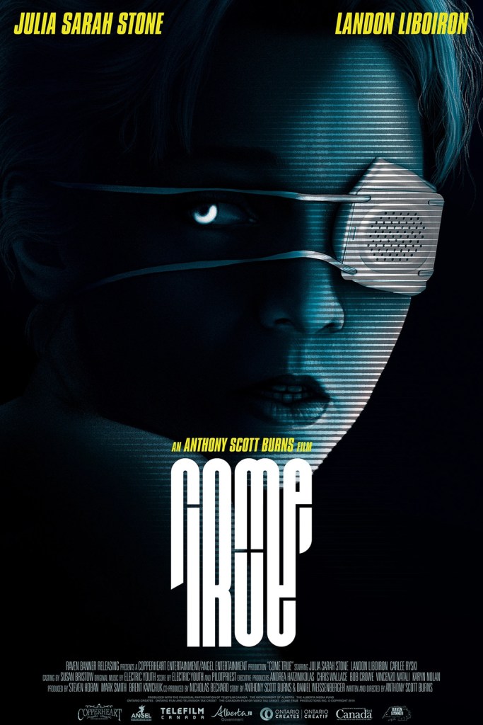 The film poster showing a girl's face, slightly distorted as if on video, one eye covered by an eye patch. 