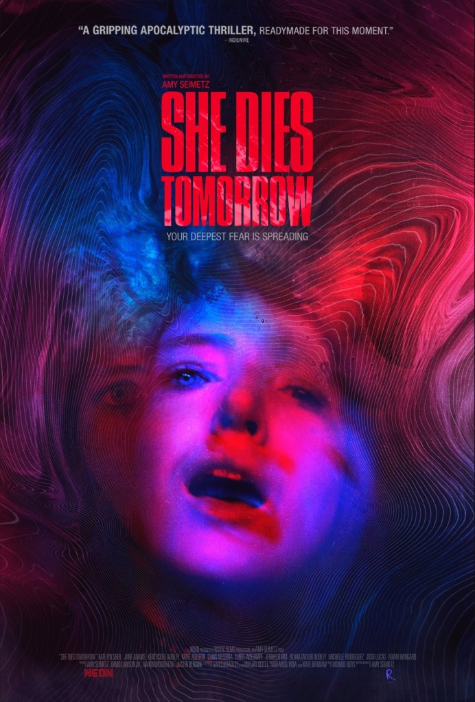 The film poster showing several faces superimposed over each other in blue, red and pink coloring, creating a distorted effect. 