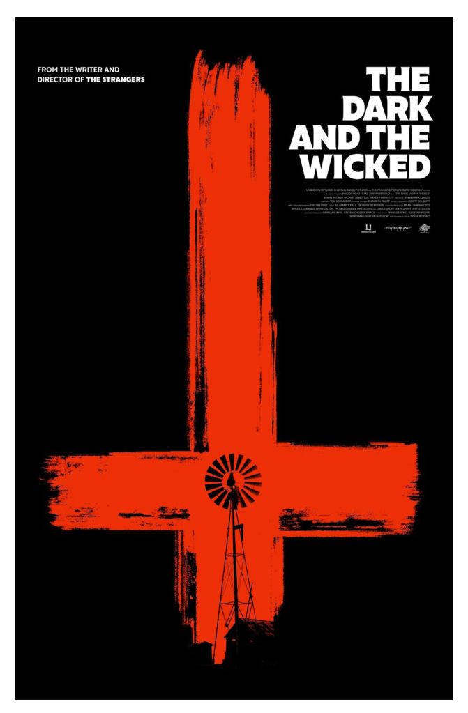 The film poster showing an upside down cross in red brushstokes on a black background. A windmill can be seen inside the cross. 