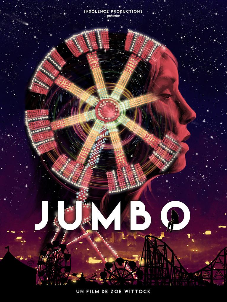 The film poster showing a woman's face in profile, the back of her head a ferris wheel.