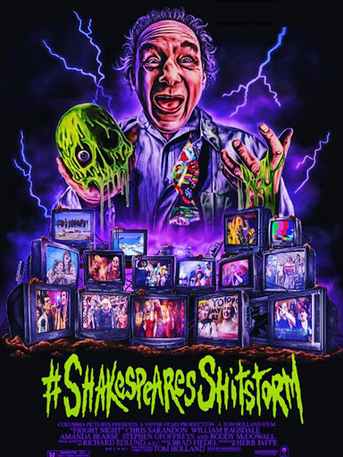 The film poster showing a drawing of Prospero (Lloyd Kaufman) holding a skull in his hand that is running with green goo. There are several TV screens showing stills from the film. 