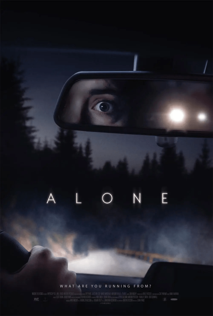 The film poster showing the view from a driver's seat in a lone car at night. In the rearview mirror we can see a woman's eye opened wide and headlights of the car behind her.