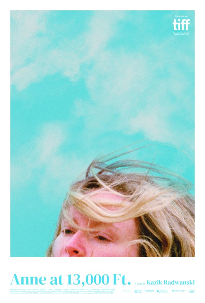 The film poster showing Anne (Deragh Campbell), her had barely in the shot, above her only sky.