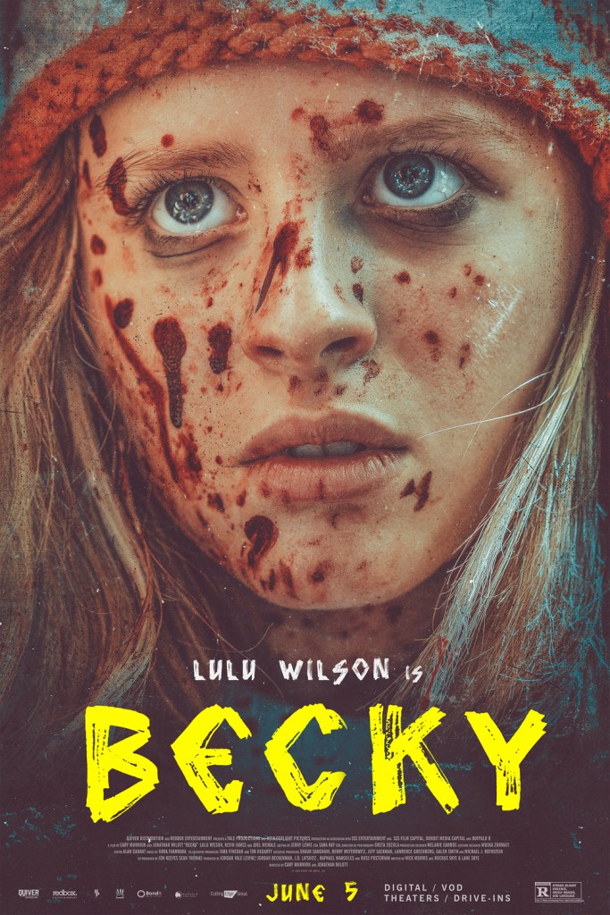 The film poster showing Becky (Lulu Wilson), blood splatter all over her face.