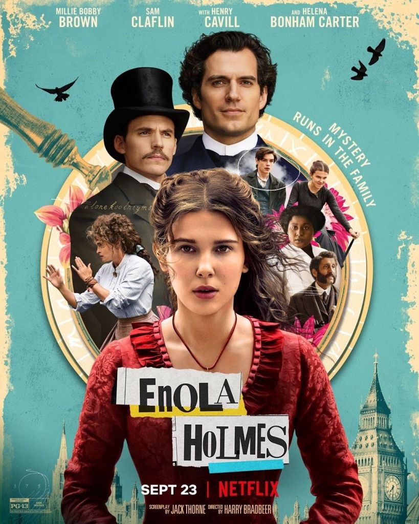 The film poster showing Enola Holmes (Millie Bobby Brown) in a red dress. Behind her is a magnifying glass and in that glass are the other main characters of the film.
