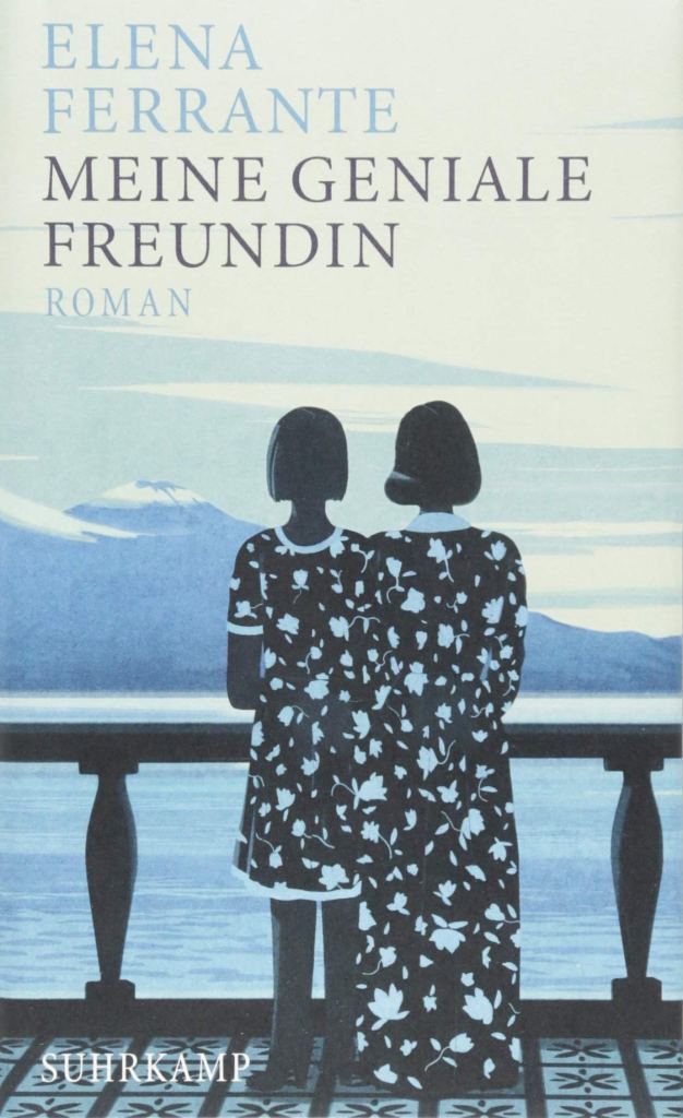 The book cover showing to girls from behind. They are looking from a balcony over the sea. They are wearing two dresses from the same cloth, so you can't tell where one ends and the other begins.