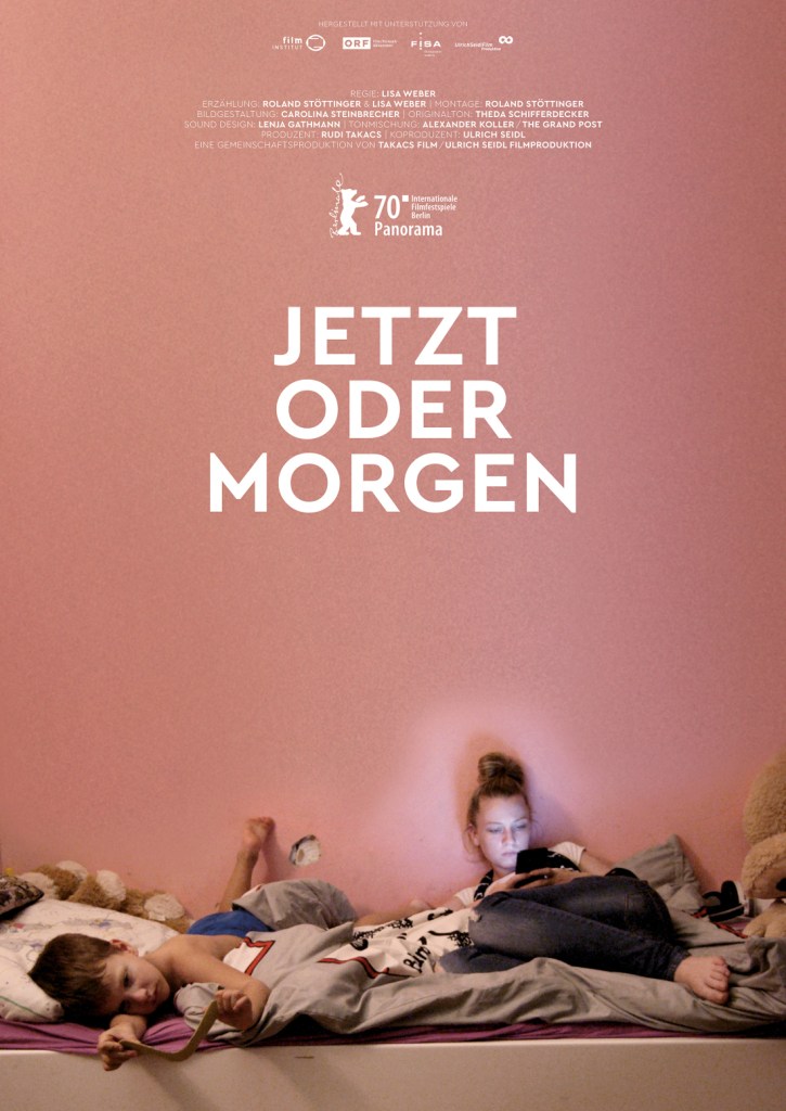 The film poster showing Claudia and her kid lounging around in bed. He is looking at a book, she is looking at her phone.