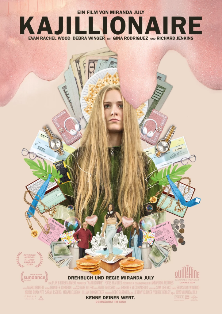 The film poster showing Old Dolio (Evan Rachel Wood) surrounded by a lot of stuff, all in front of a pink background.