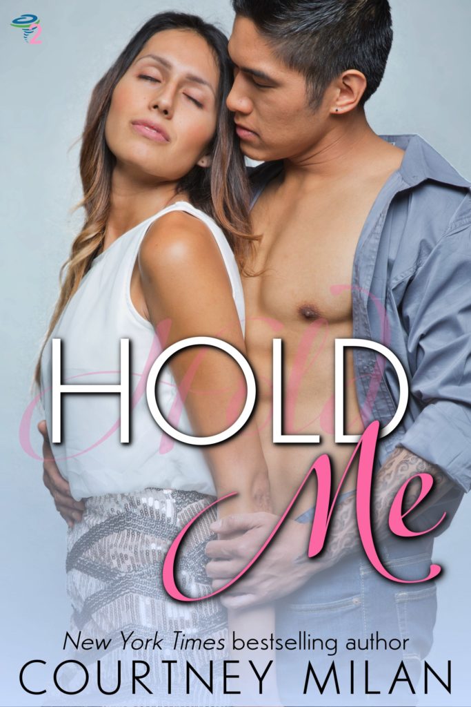 The book cover showing an Asian man with a tattooed arm and an open shirt hugging a latina from behind.