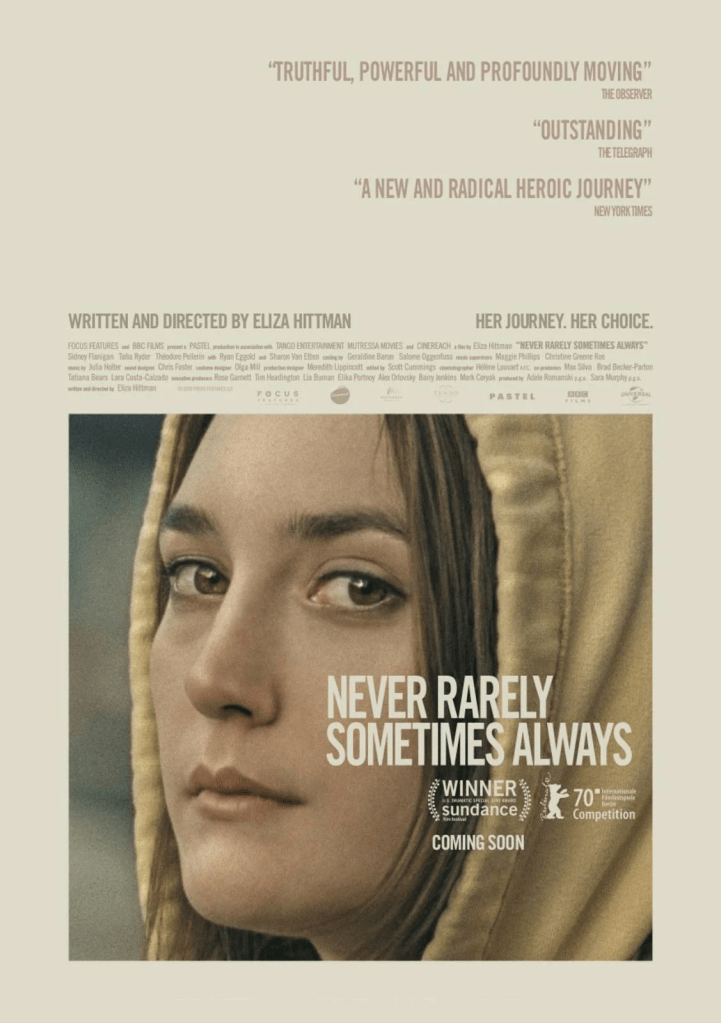 The film poster showing Autumn (Sidney Flanigan) wearing a yellow hood, looking at the camera.