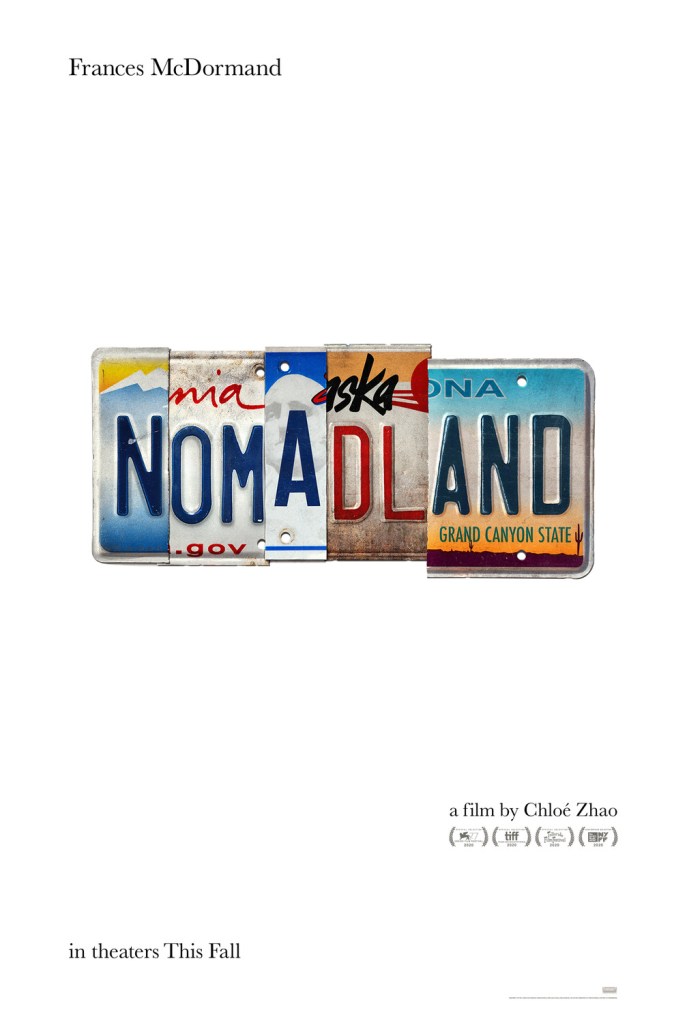 The film poster showing the word NOMADLAND made up from five different licence plates.
