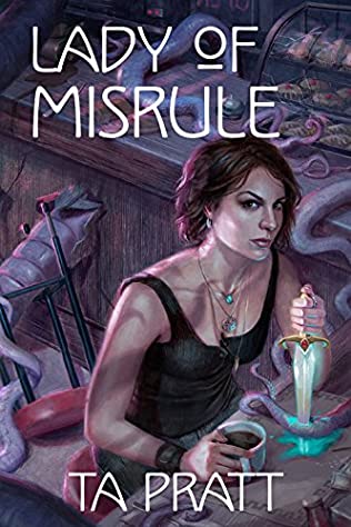 The book cover showing the drawing of a grumpy looking brunette in a tank top. She's having a coffee at a bar, but there are tentacles everywhere. She has speared one of the tentacles in front of her with a dagger.