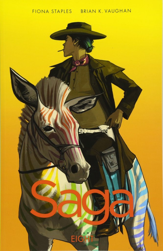 The comic cover showing a woman in a cowboy outfit riding a zebra with rainbow-colored stripes.