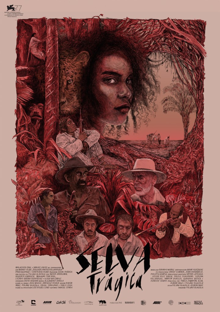 THe film poster showing drawings of the main characters in a forest that is entirely painted in red.