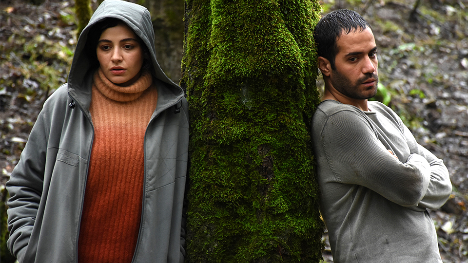 Na'na (Mahtab Servati) and Javad (Mohammad Valizadegan) leaning against a tree.