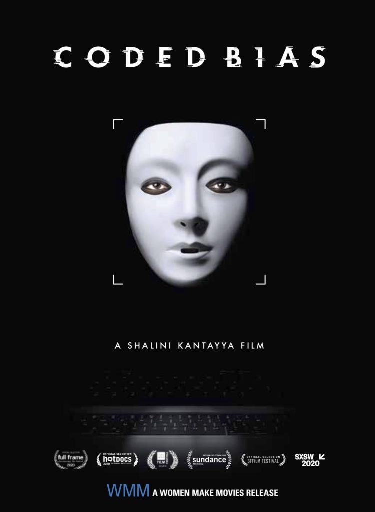 The film poster showing a white mask in front of a black background. Around the eyes you can see that a Black person is wearing the mask.