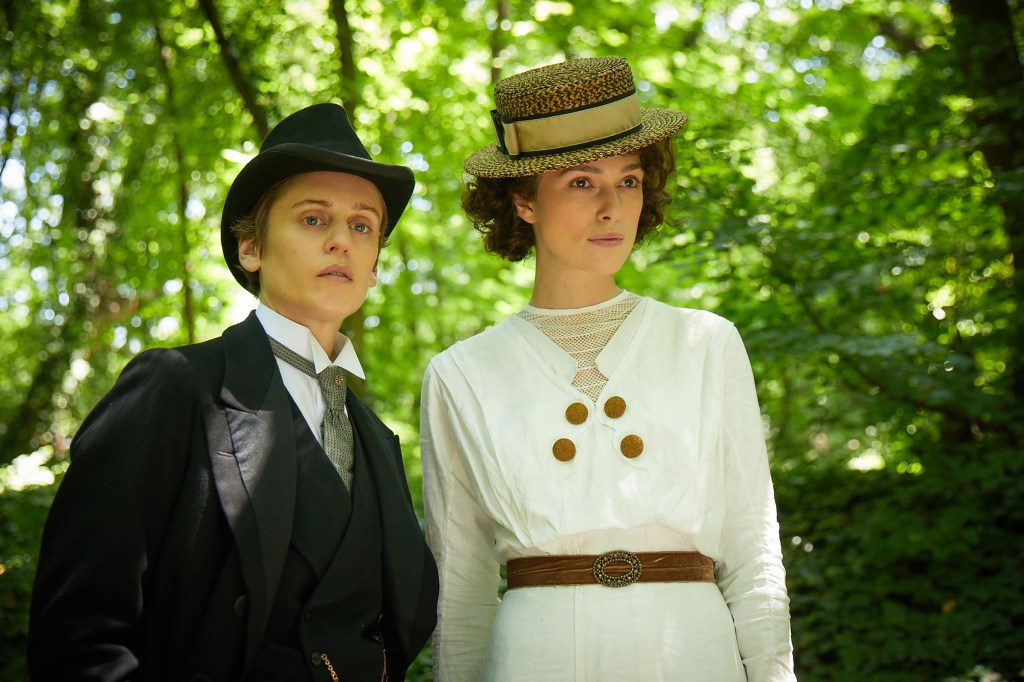 Colette (Keira Knightley) on a walk with Missy (Denise Gough).