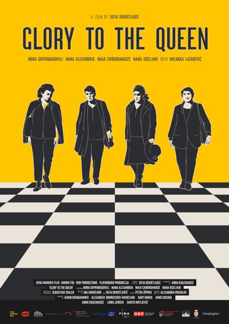 The film poster showing drawings of the four women walking over a chess board.