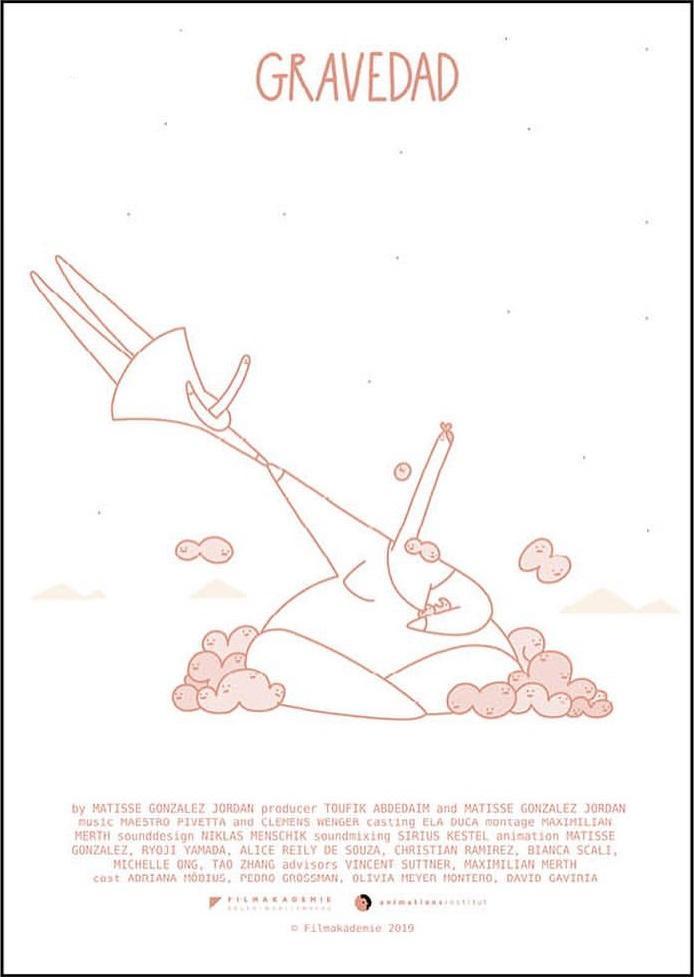 The film poster showing a drawing in soft pink on a white background. a woman with a whole lot of babies sits on the ground, holding on to another much smaller woman who appears to be floating away.