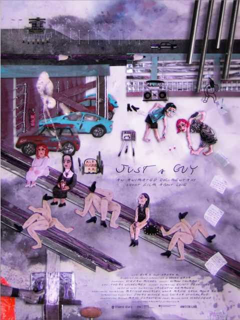 The poster for the short film showing paper cutouts and playdough figures of women and naked legs in high heels in front of a prison.