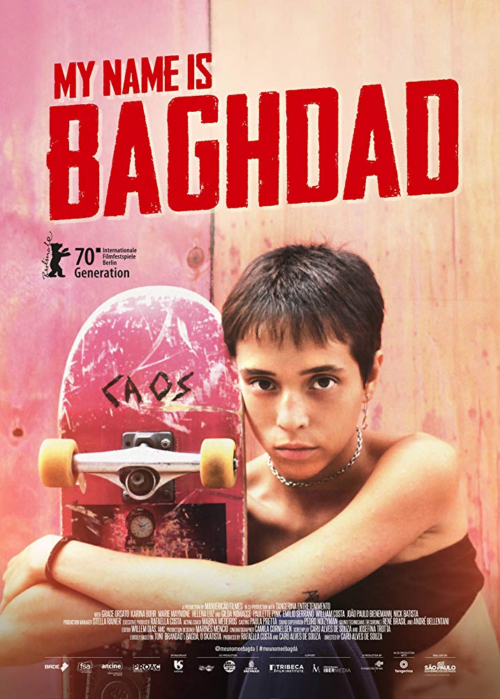 The film poster showing Bagdá (Grace Orsato) hugging her skateboard.
