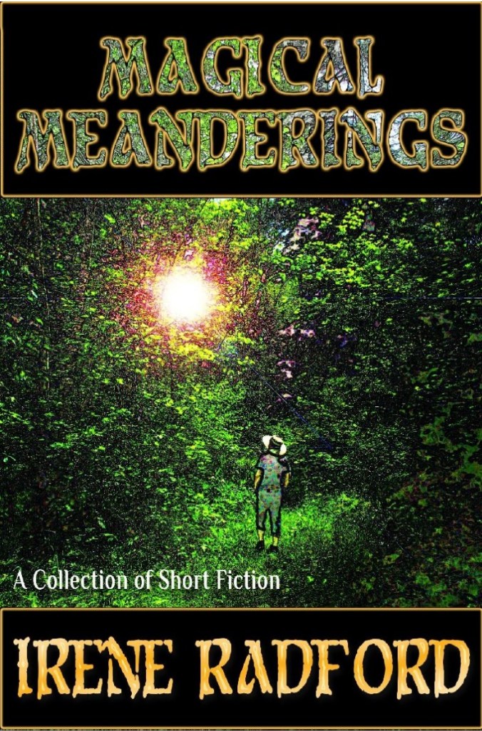 The book cover showing a pixelated photo of a forest with a drawn figure wearing a hat standing in it.