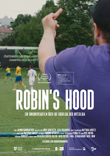 The film poster showing Robin from behind as he gives the finger to someone on a soccer field.